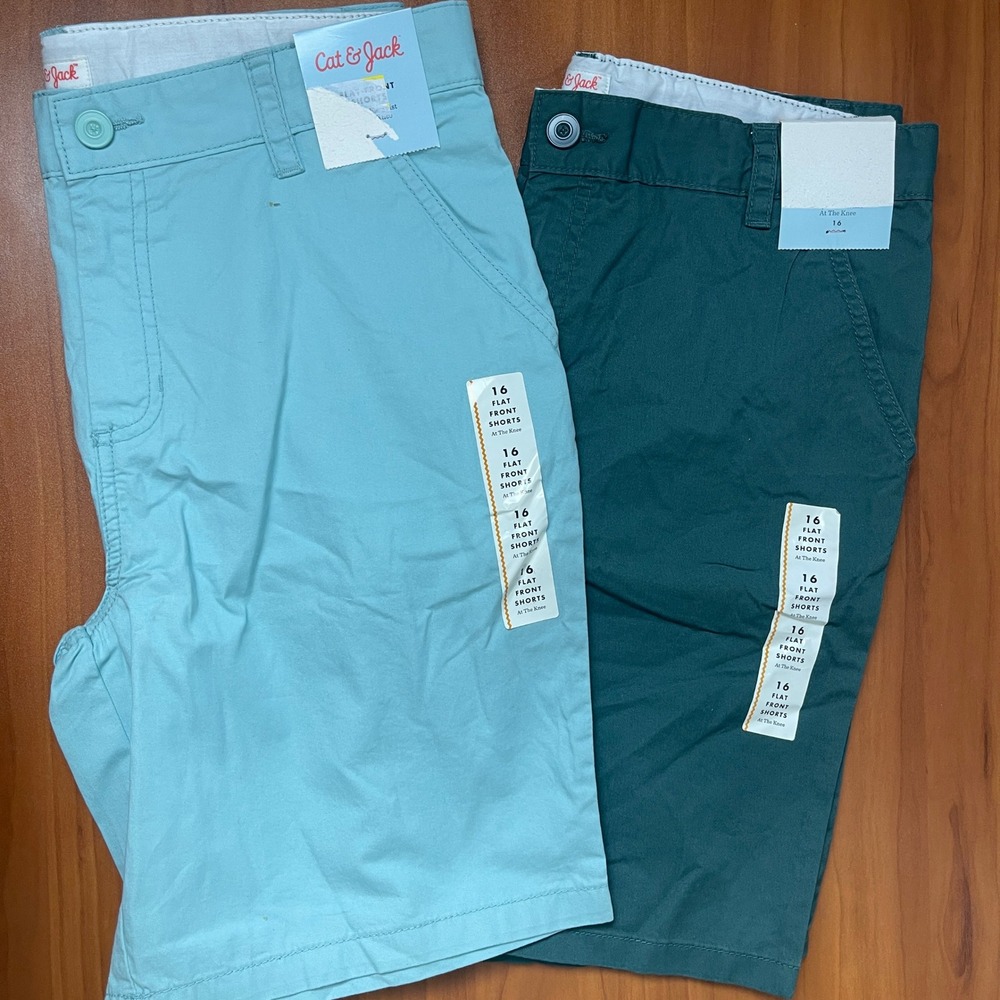 Lot of 2 Cat&Jack Boys Size 16 Flat Front Shorts Bundle Blue Green School Casual